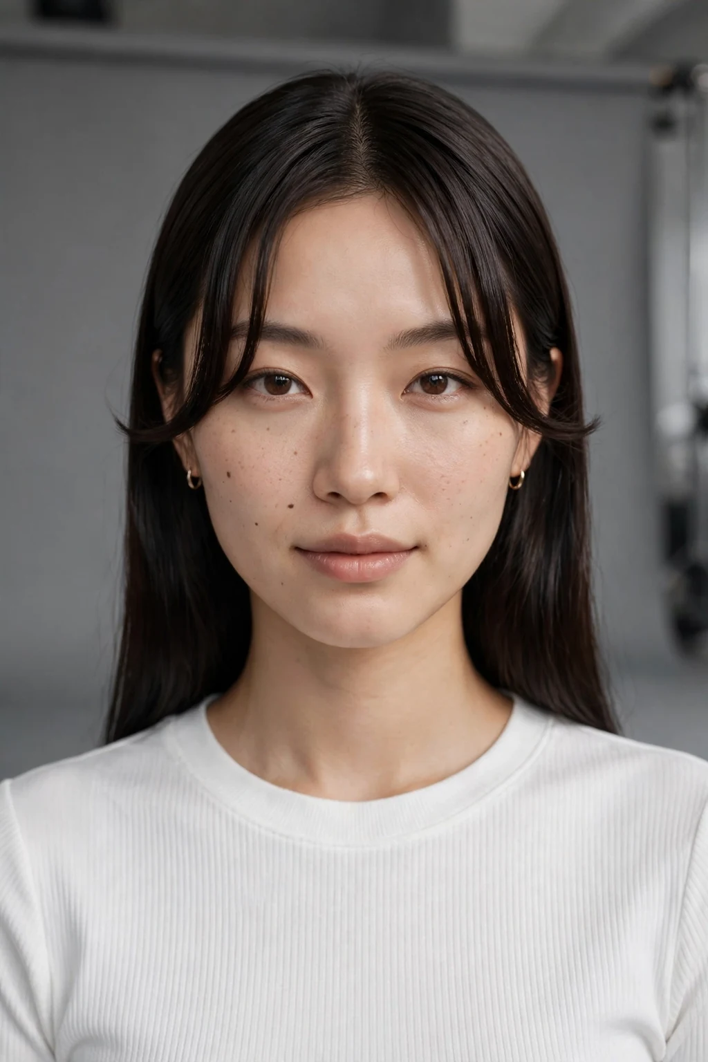 Beautiful woman with curtain bangs and straight hair, sleek straight hair with bangs, polished light.