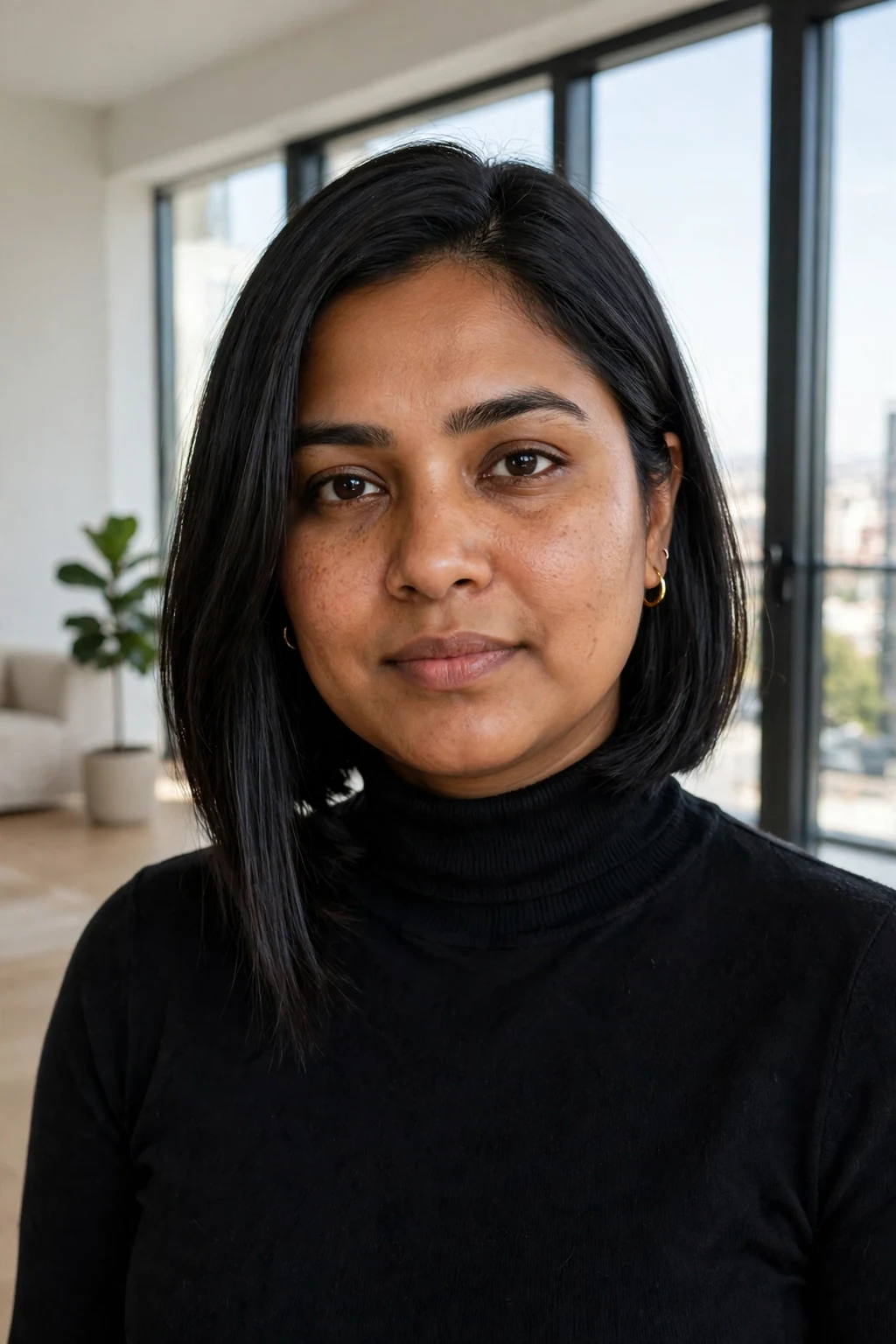 Young woman with a round face wearing a straight lob with angled front pieces.