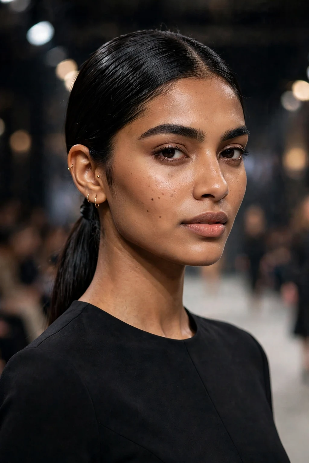 Beautiful woman with sleek straight low pony, pin-straight low pony, polished light.
