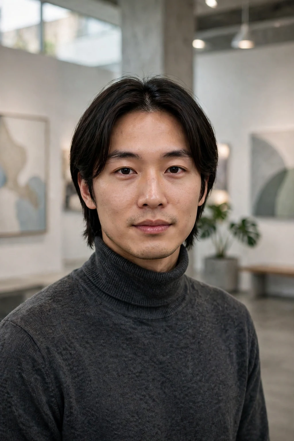 Man with a straight middle-part medium haircut, sleek centre-parted medium hair.