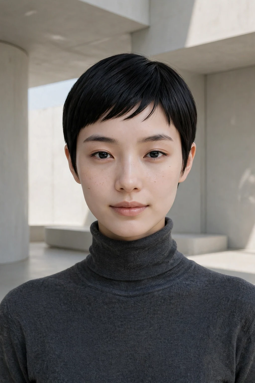 A young woman with a straight sleek pixie, pin-straight smooth hair with a sharp clean outline.