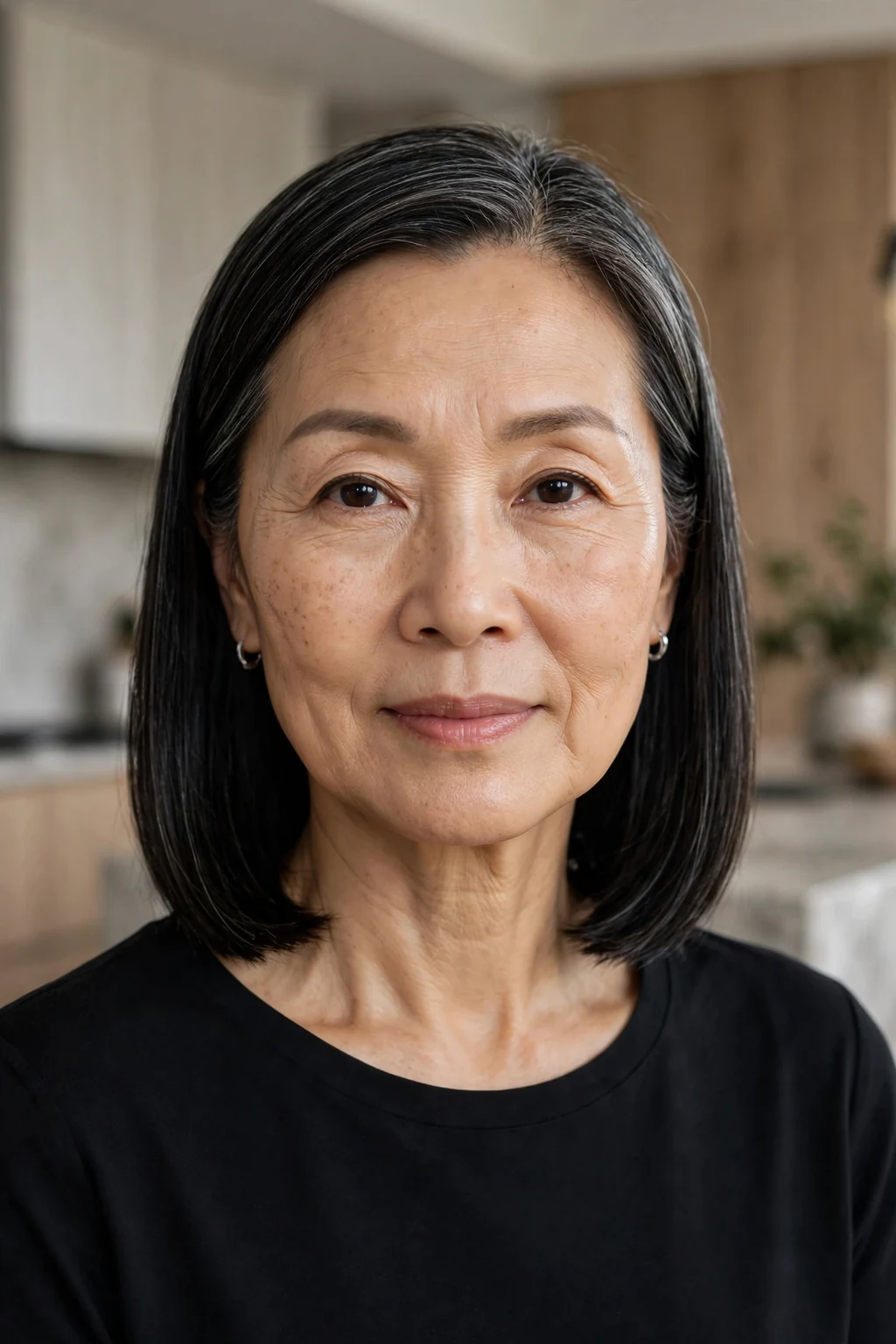 Beautiful older woman with straight wash-and-wear, sleek straight hair, polished light.