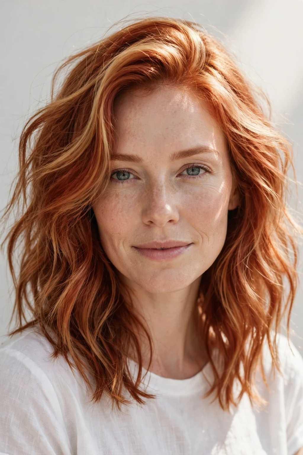 Woman with strawberry auburn, light warm red-blonde blend, fresh bright light.