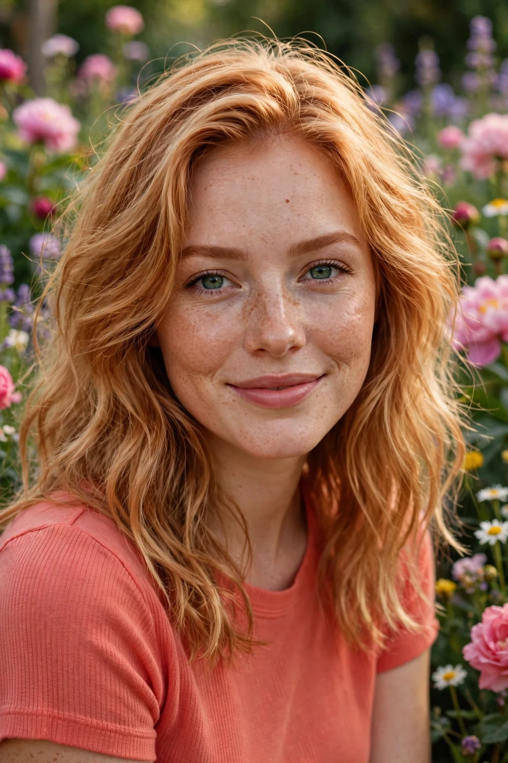 Beautiful woman with strawberry blonde, warm strawberry blonde tones, vibrant light.
