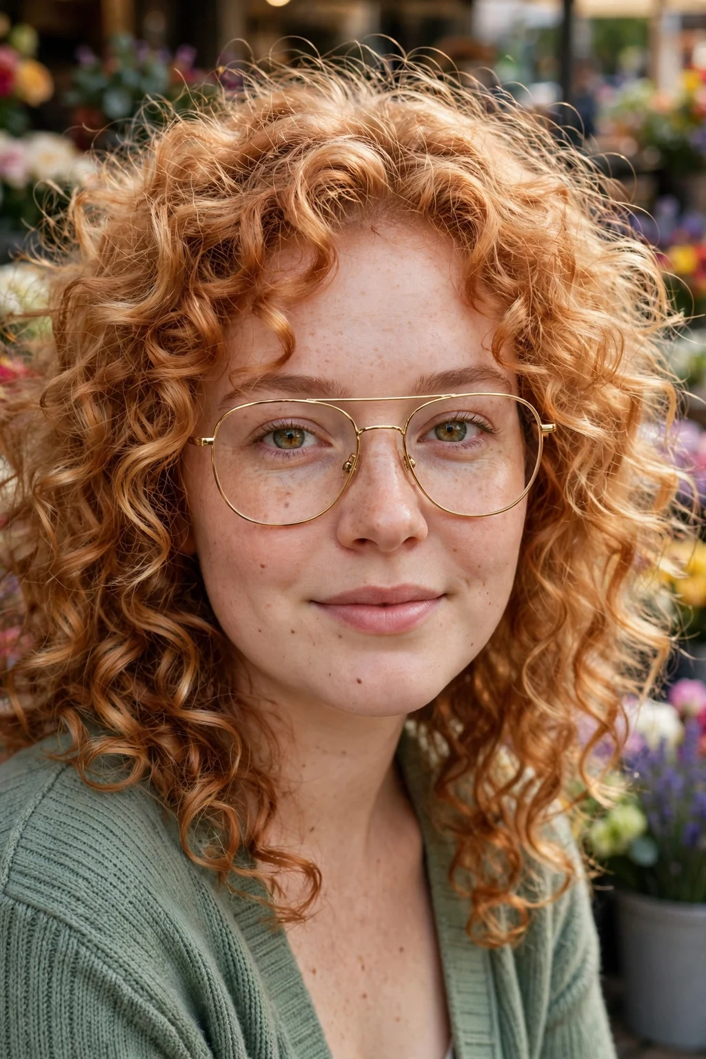 Young woman in her mid 20s with strawberry blonde curls wearing gold aviator-style glasses.