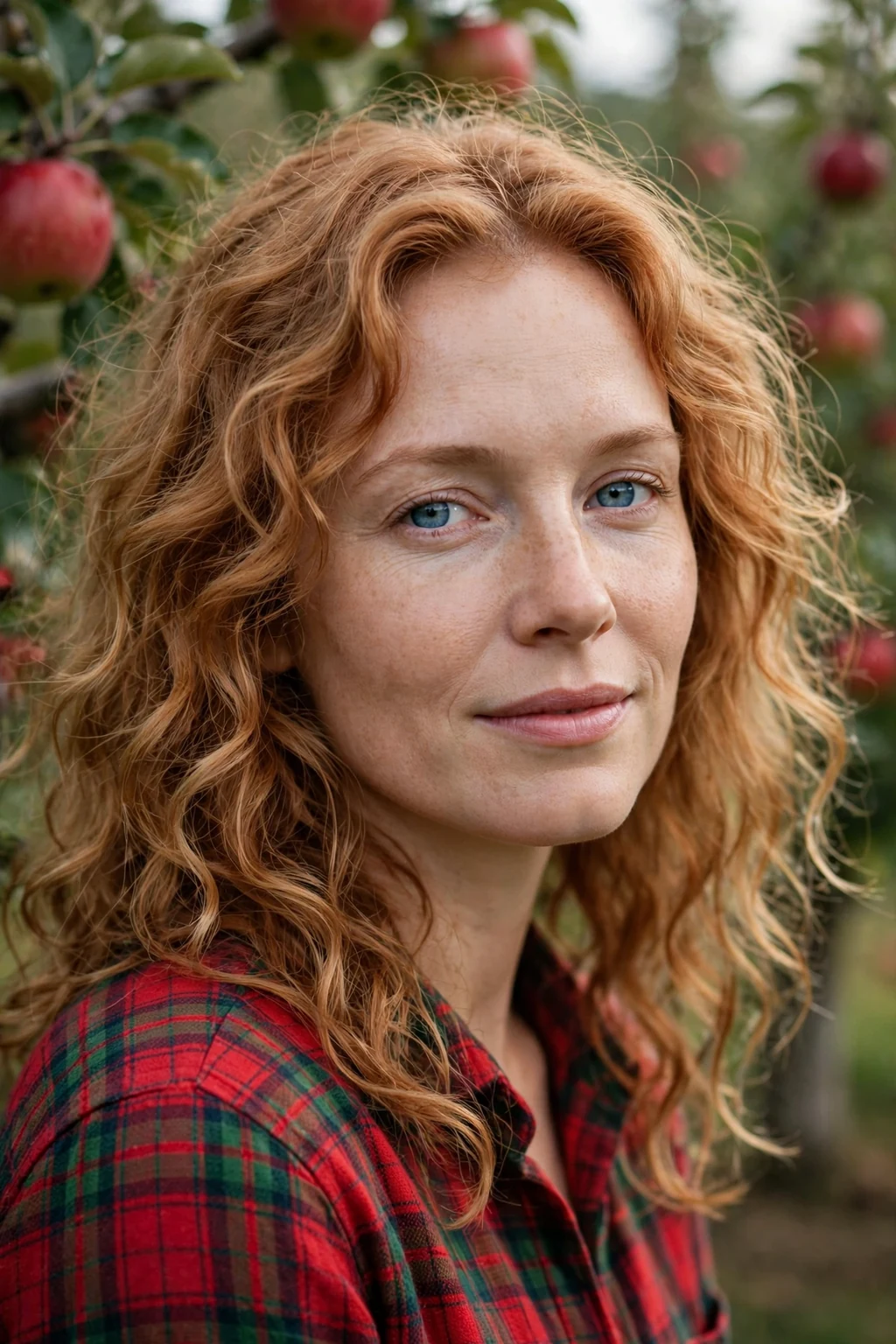 Young woman with strawberry blonde hair in loose curls, wearing a plaid shirt in an apple orchard.