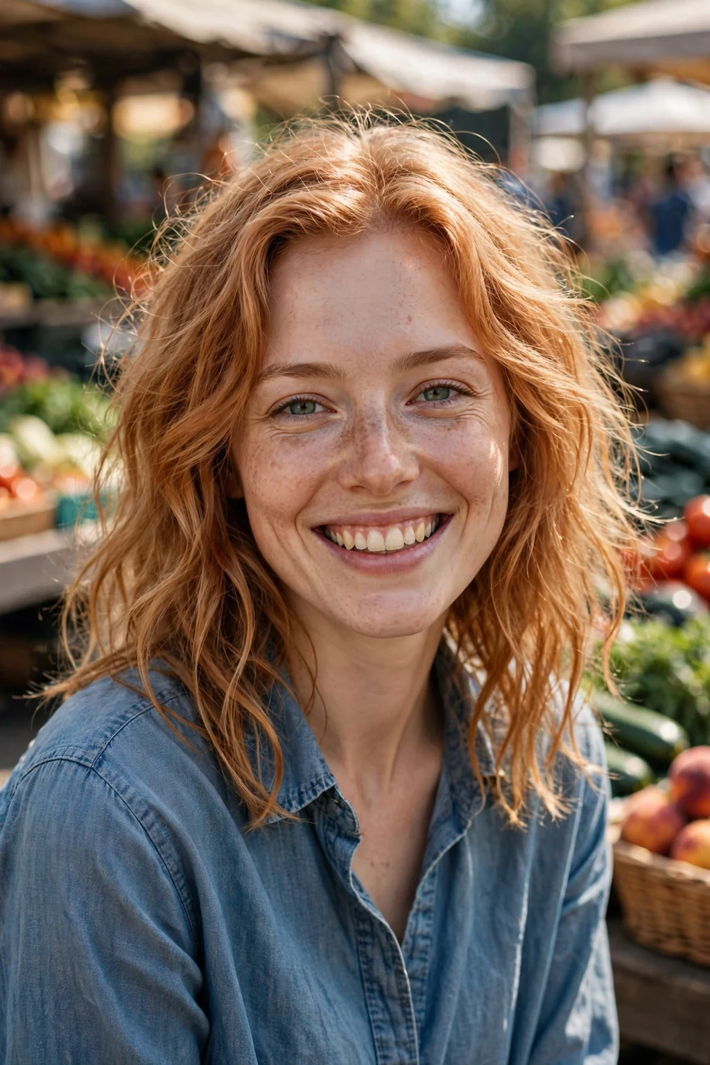 Young Caucasian woman in her late 20s with freckles and wavy strawberry-blonde hair, wearing a chambray shirt at a farmers market.
