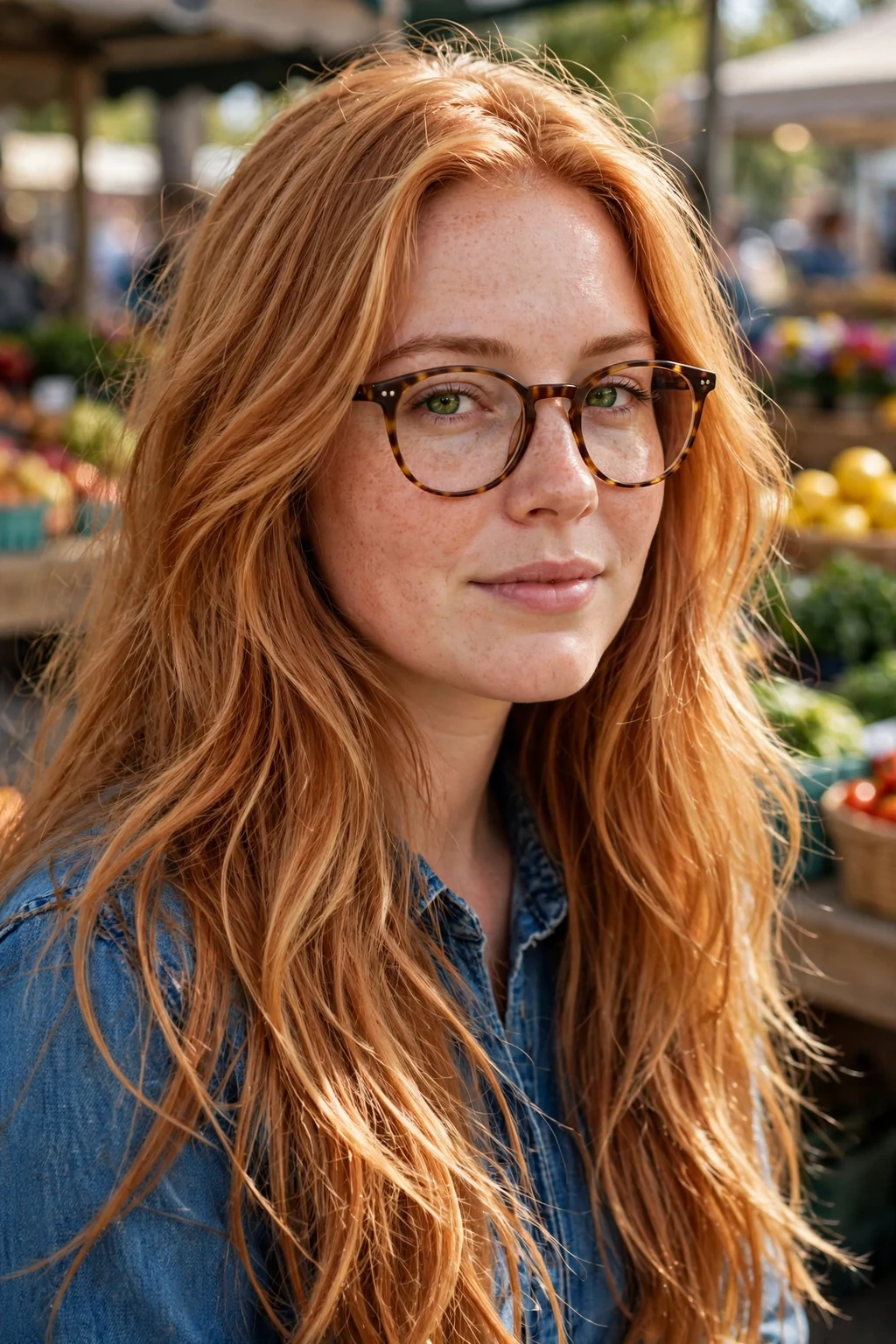 Young woman in her late 20s with strawberry blonde long layers wearing tortoiseshell round glasses, flattering for round faces.