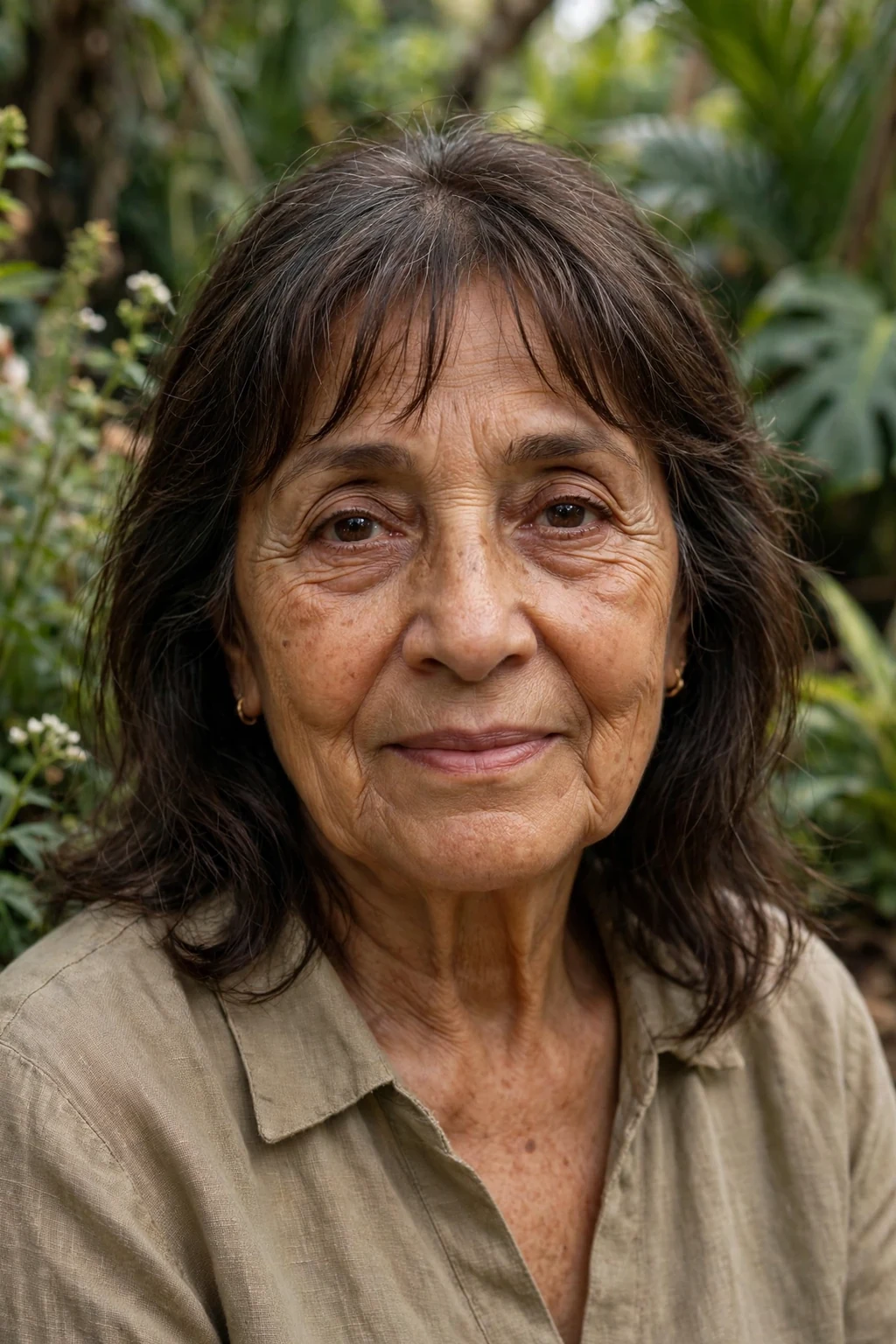 Beautiful older woman with subtle bangs, understated subtle bangs, natural light.