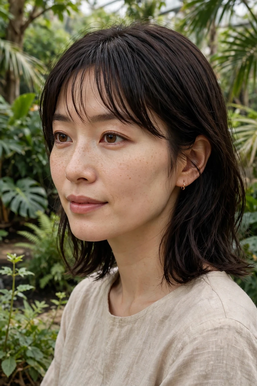 Beautiful woman with subtle bangs, understated subtle bangs, natural light.