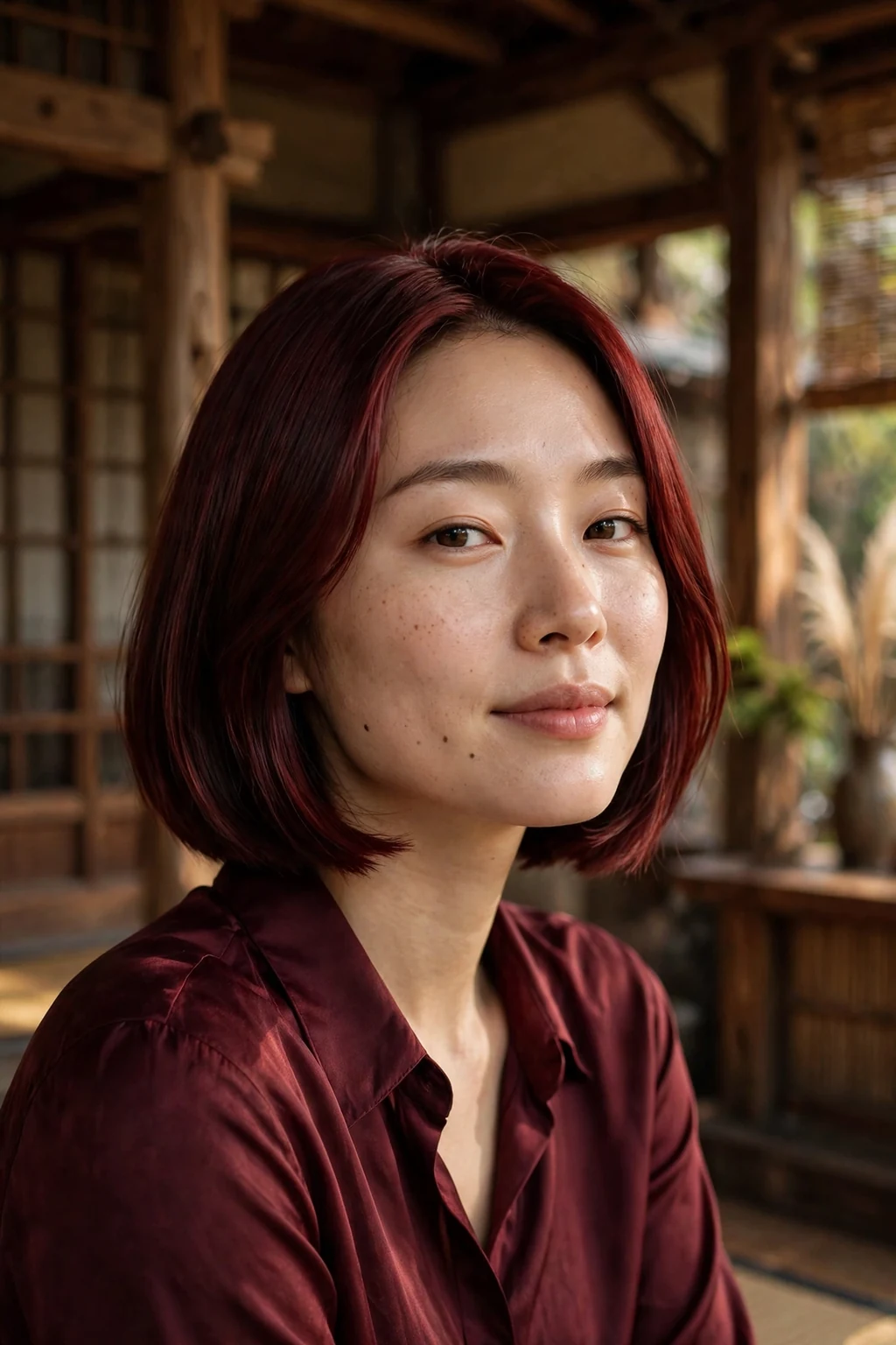 Young East Asian woman in her late 20s with a sleek burgundy-red gloss bob, wearing a deep burgundy silk blouse in a traditional tea house.