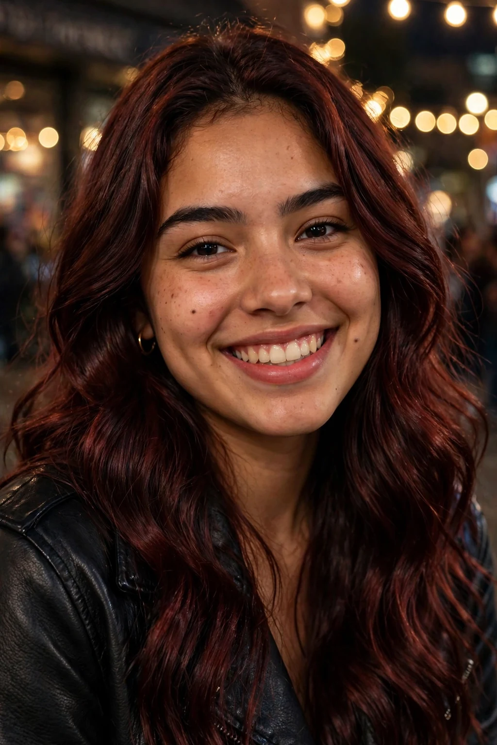 Young Latina woman in her early 20s with long cherry-cola gloss waves, wearing a black leather jacket outside a concert venue at night.