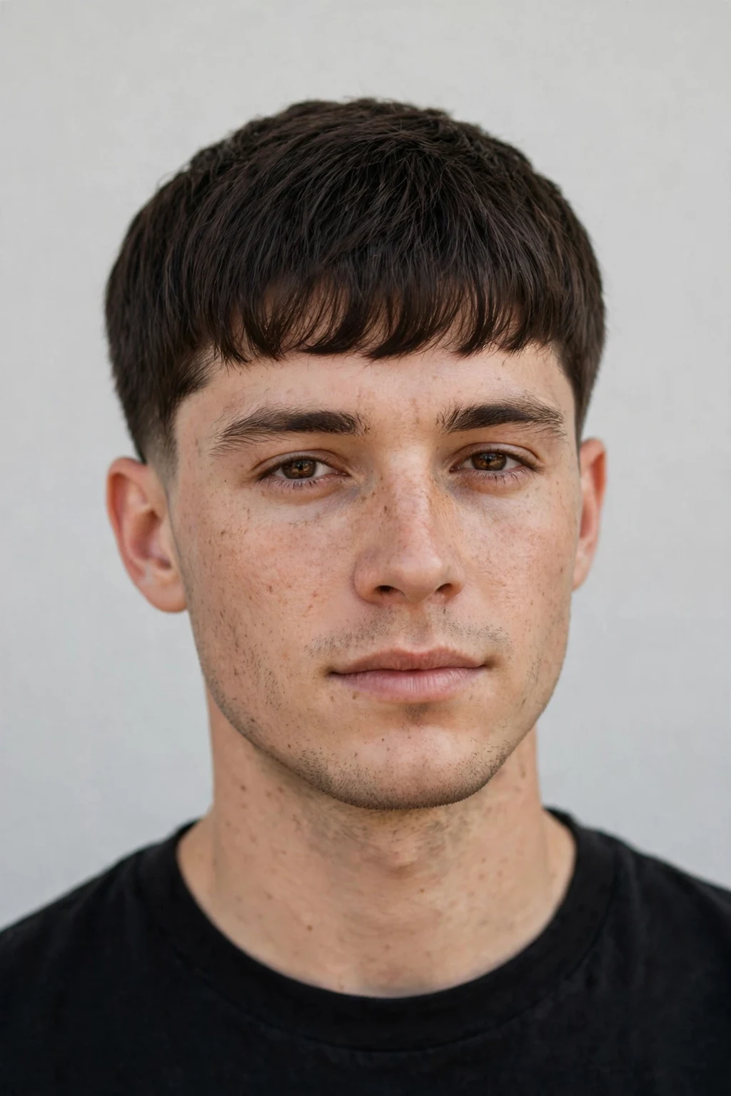 Man with subtle Edgar cut, understated soft version, gentle natural lighting.