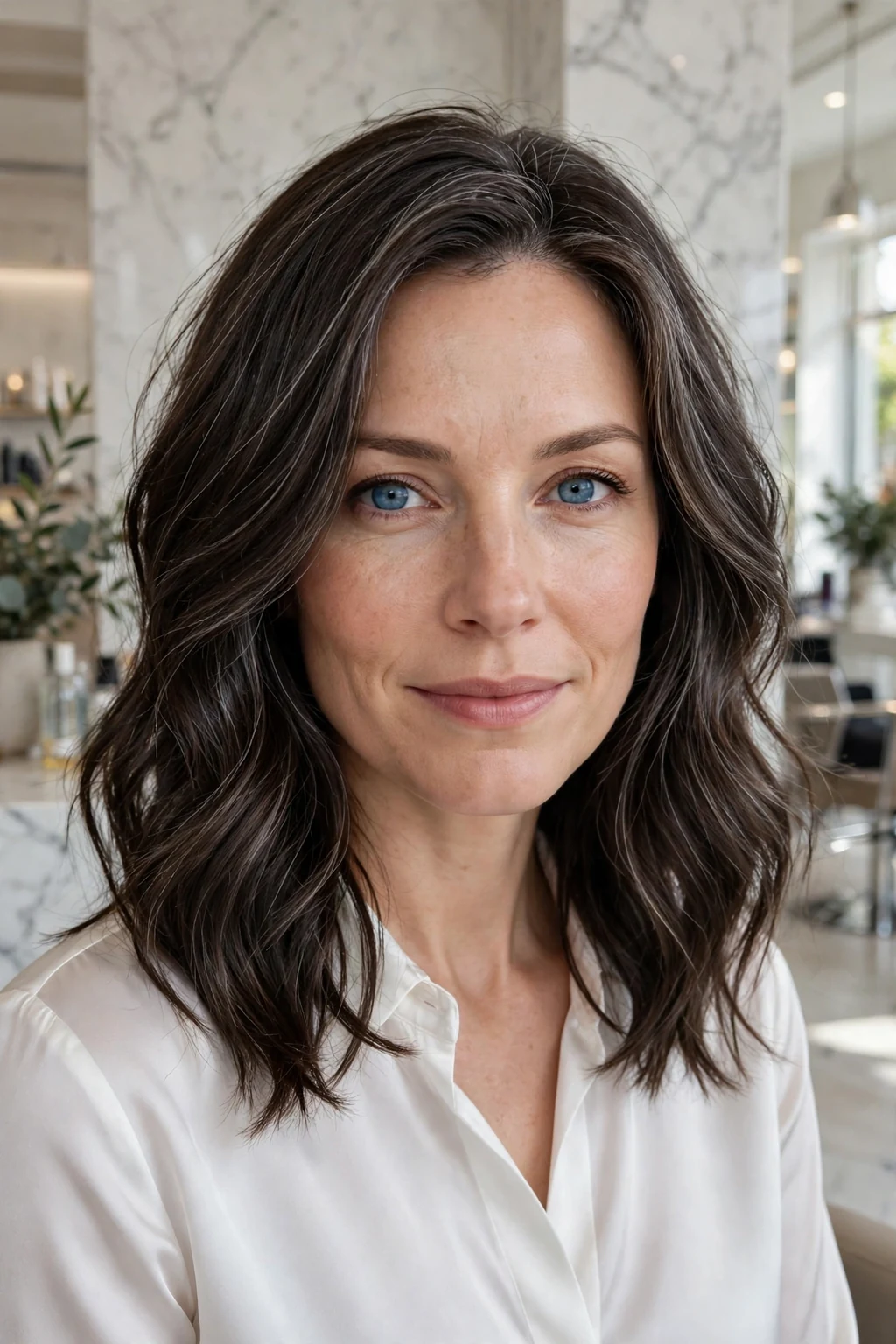 Beautiful woman with dark hair and subtle gray babylights, fine silver highlights, salon light.