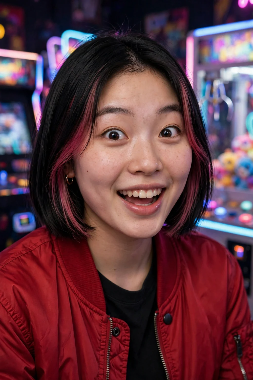 Young East Asian woman in her early 20s with a black bob featuring subtle magenta face-framing slices, wearing a red bomber jacket in a neon-lit arcade.