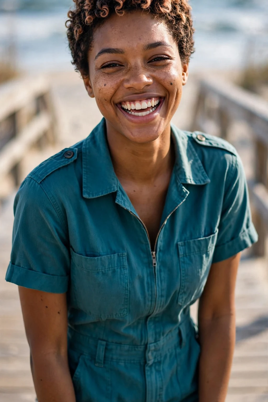 Young Black woman in her late 20s with a short coily pixie warmed by a subtle peach toner, wearing a teal jumpsuit on a beach boardwalk.