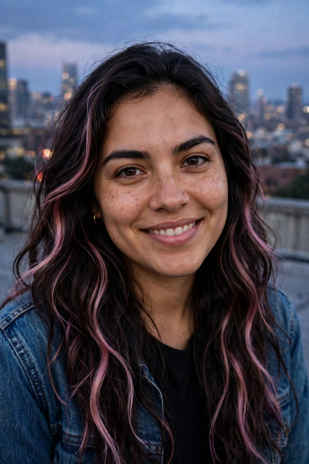 Young Latina woman in her late 20s with long dark-brown wavy hair featuring subtle pink highlights, wearing a denim jacket on a city rooftop at dusk.