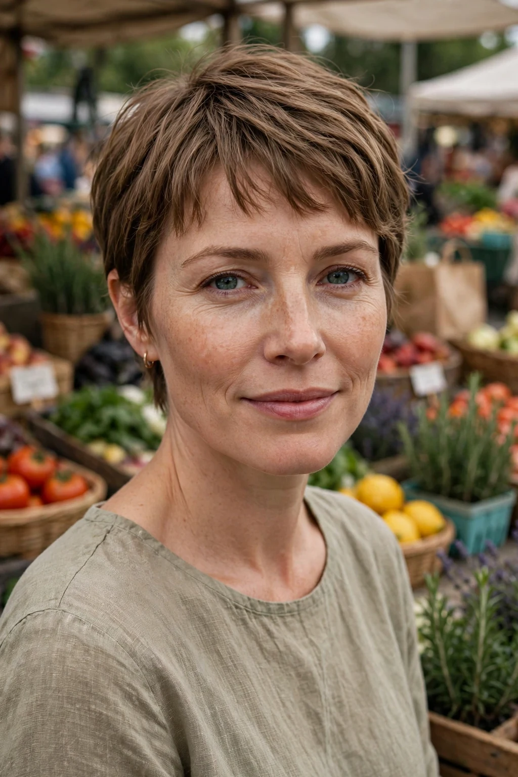 Beautiful woman with subtle pixie bangs, understated subtle pixie bangs, natural light.