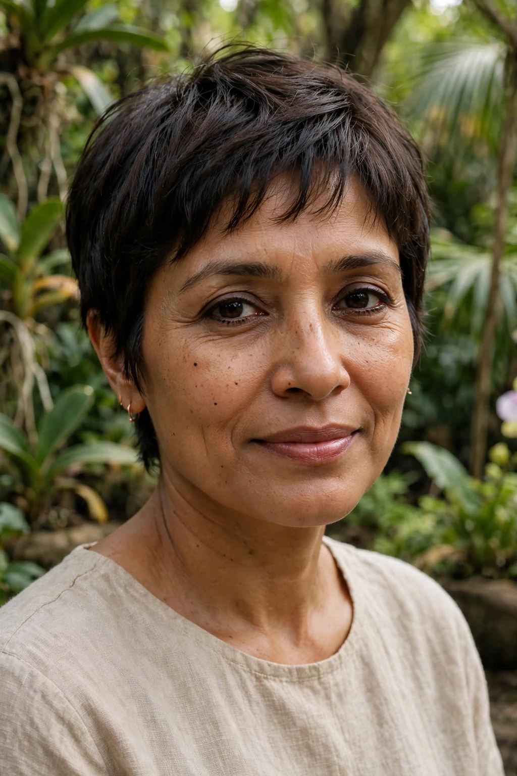 Beautiful woman with subtle pixie bangs, understated subtle pixie bangs, natural light.