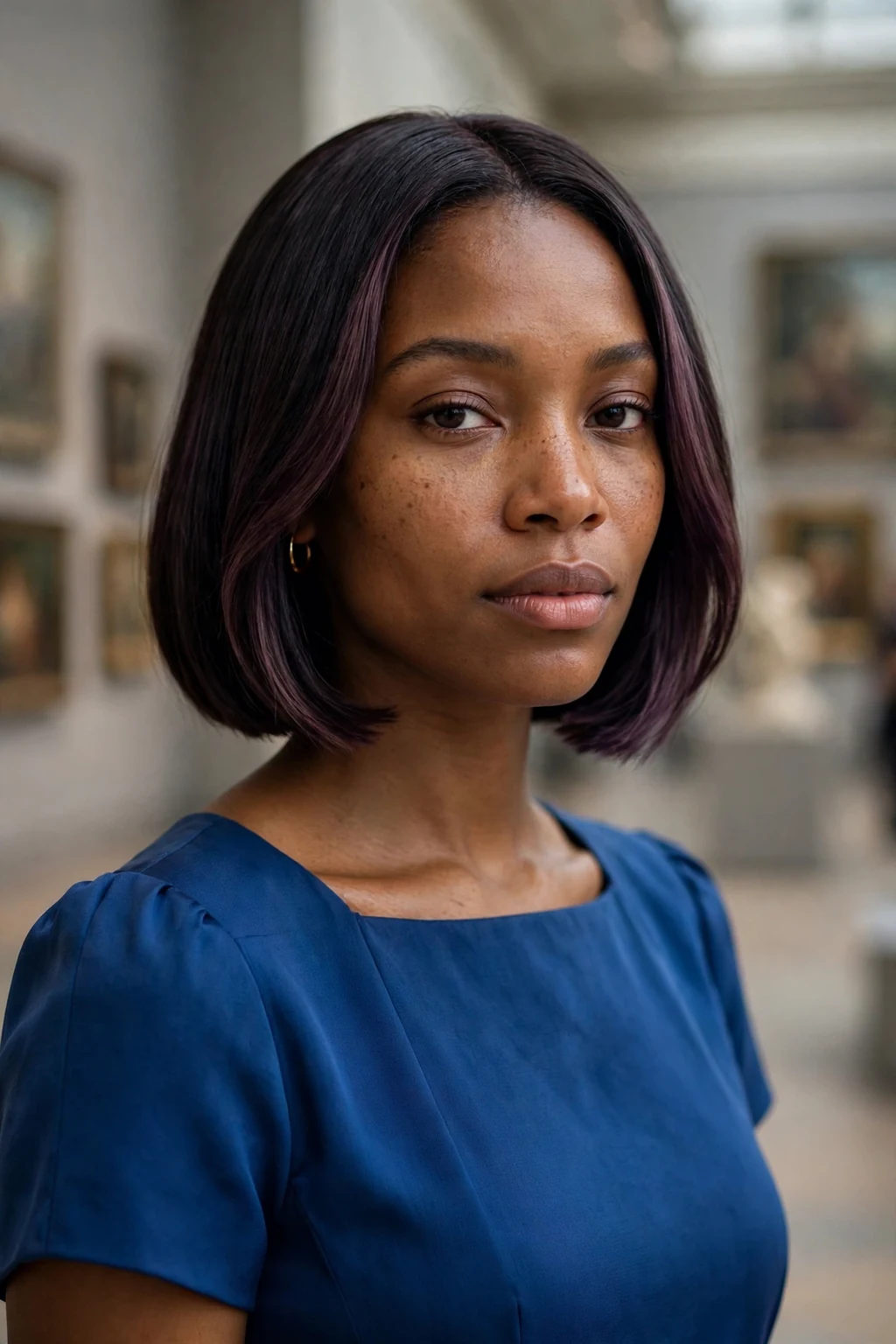 Young Black woman in her late 20s with a sleek dark bob featuring a subtle plum money-piece, wearing a cobalt-blue dress in a museum.