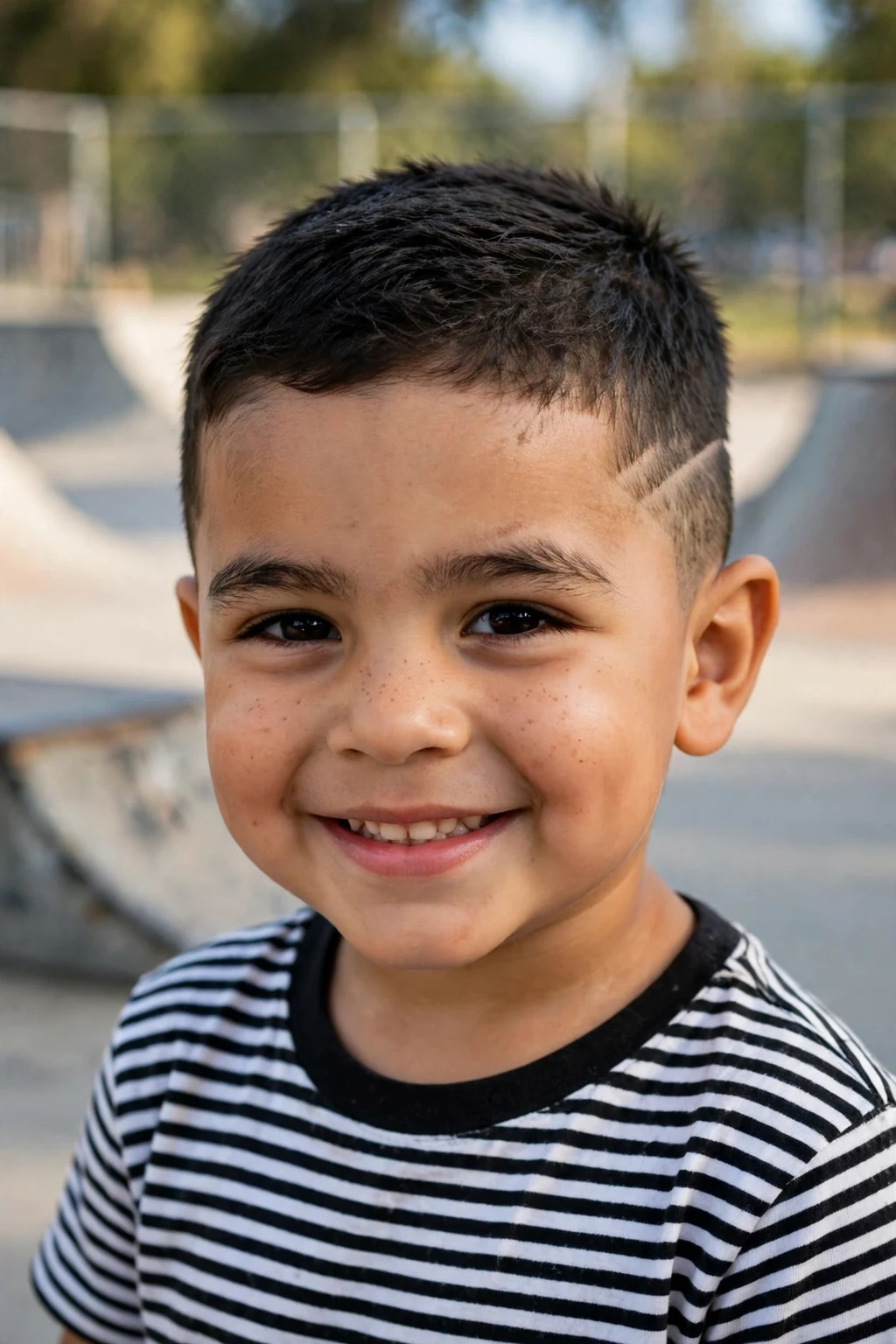 A stylish four-year-old toddler boy with a short cut featuring a subtle side design line, wearing a black-and-white striped tee in a skate park.