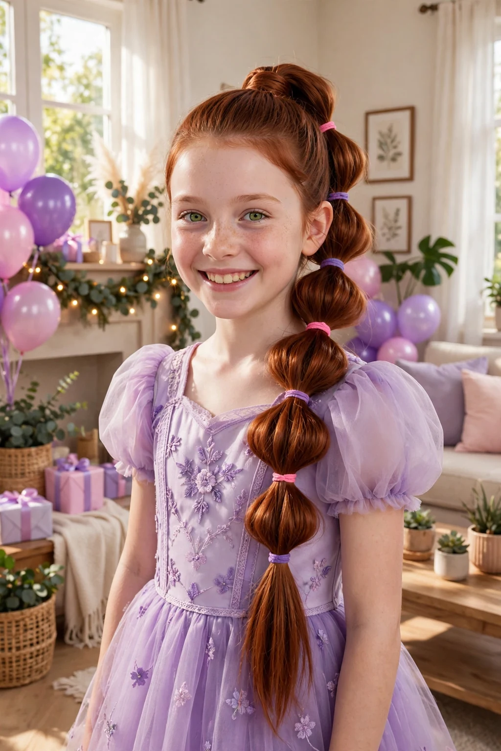 A young girl with a sugar plum bubble braid with alternating pink and purple elastics.