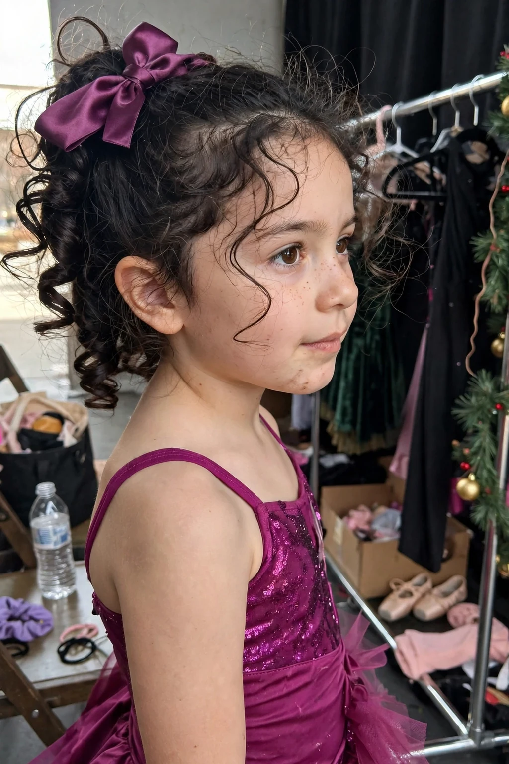 A young girl with half-up bouncy curls and a plum bow at a holiday dance recital.