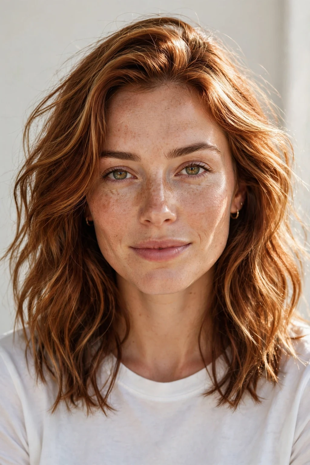 Woman with sun-kissed auburn, natural lightened warmth, fresh daylight.