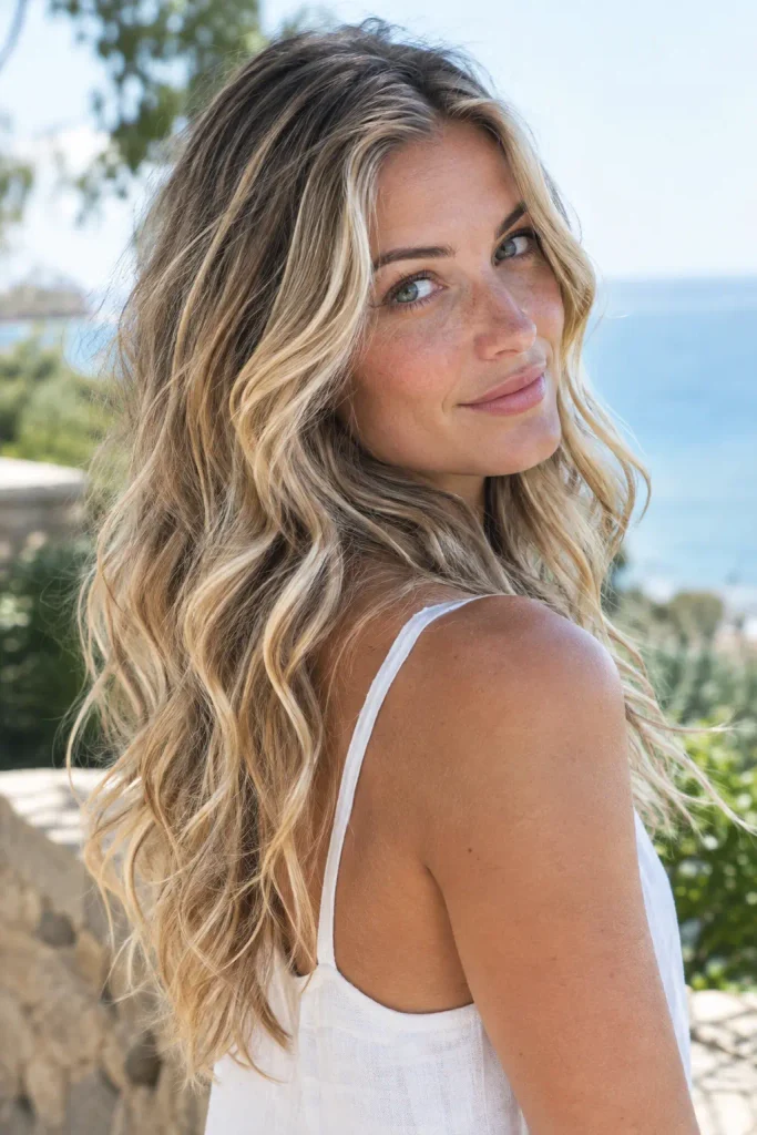 Young woman with long, naturally wavy sun-kissed blonde hair featuring honey and golden tones, photographed in a bright coastal setting while wearing a white linen dress.