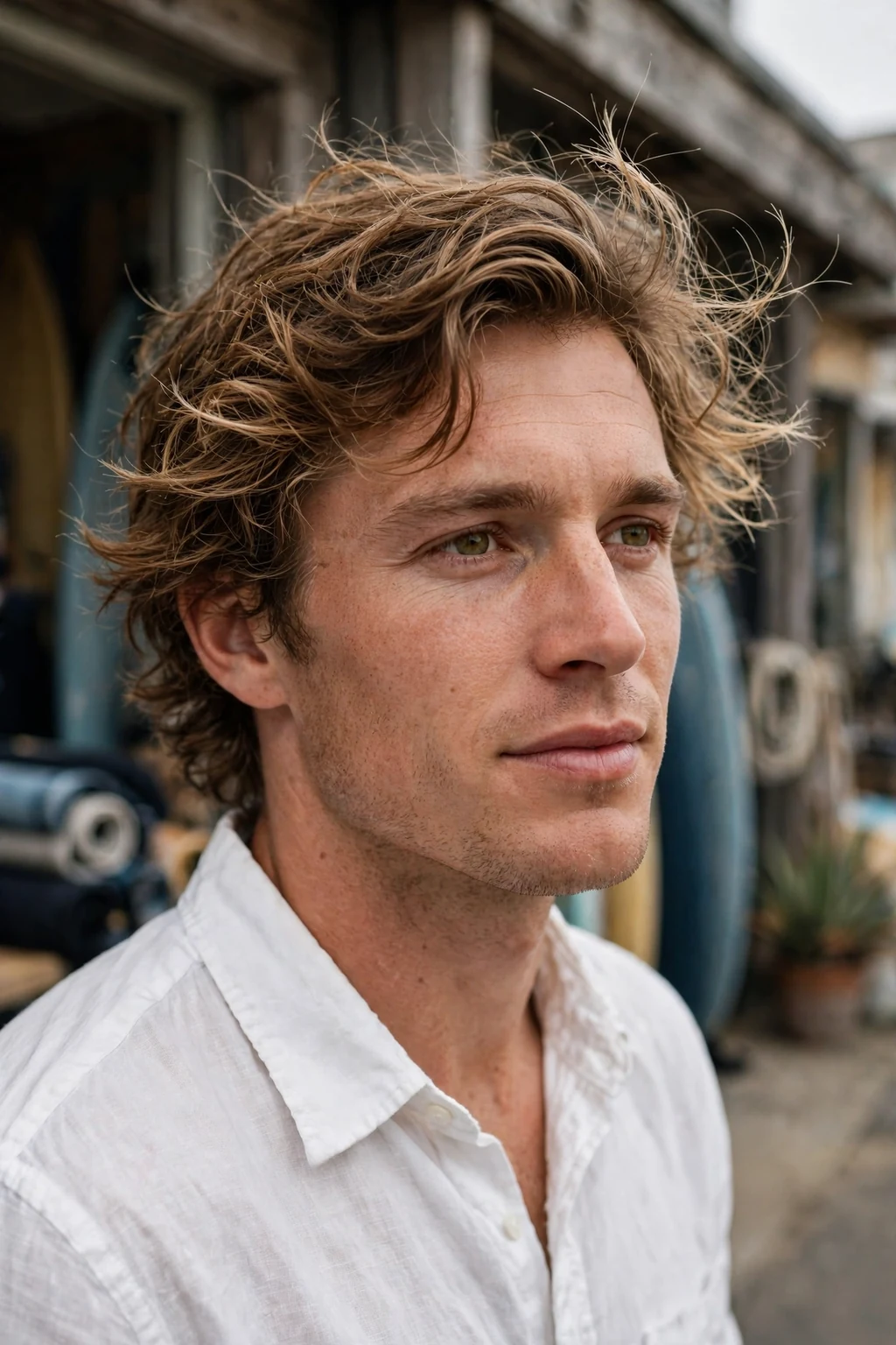 Man with sun-kissed surfer waves for thick hair, standing near a surf shop in a white linen shirt and denim shorts.