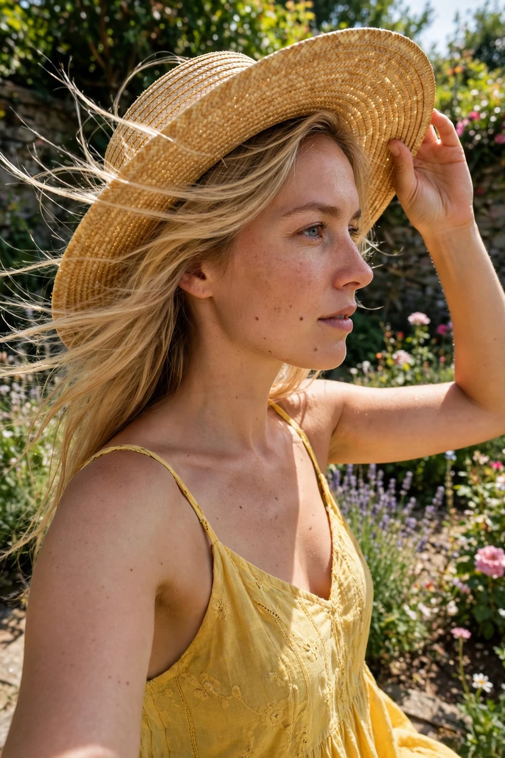 A young woman wearing a wide-brimmed hat protecting her hair from strong summer sun outdoors.