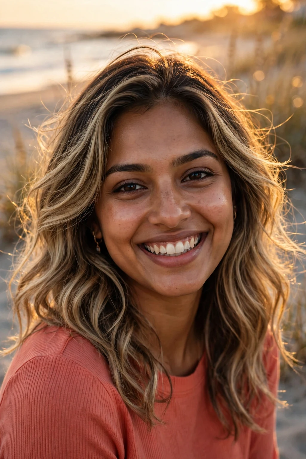 Beautiful woman with sunkissed bronde balayage, sunlit bronde balayage, luminous light.