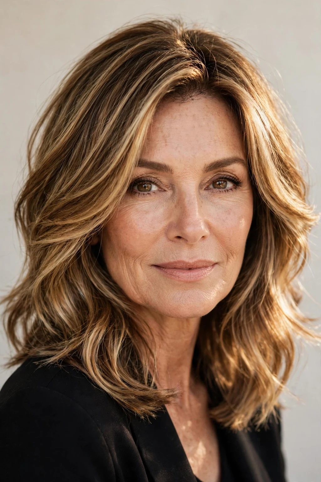 Elegant woman over 50 with sunlit balayage layers, glowing dimensional color, warm light.