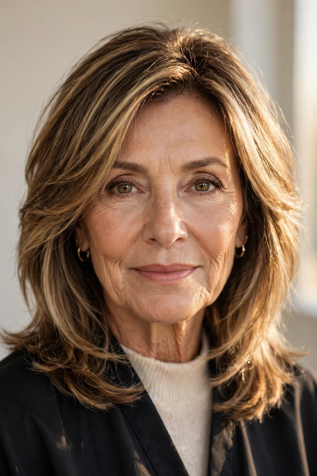 Elegant woman over 60 with sunlit balayage layers, glowing dimensional color, warm light.