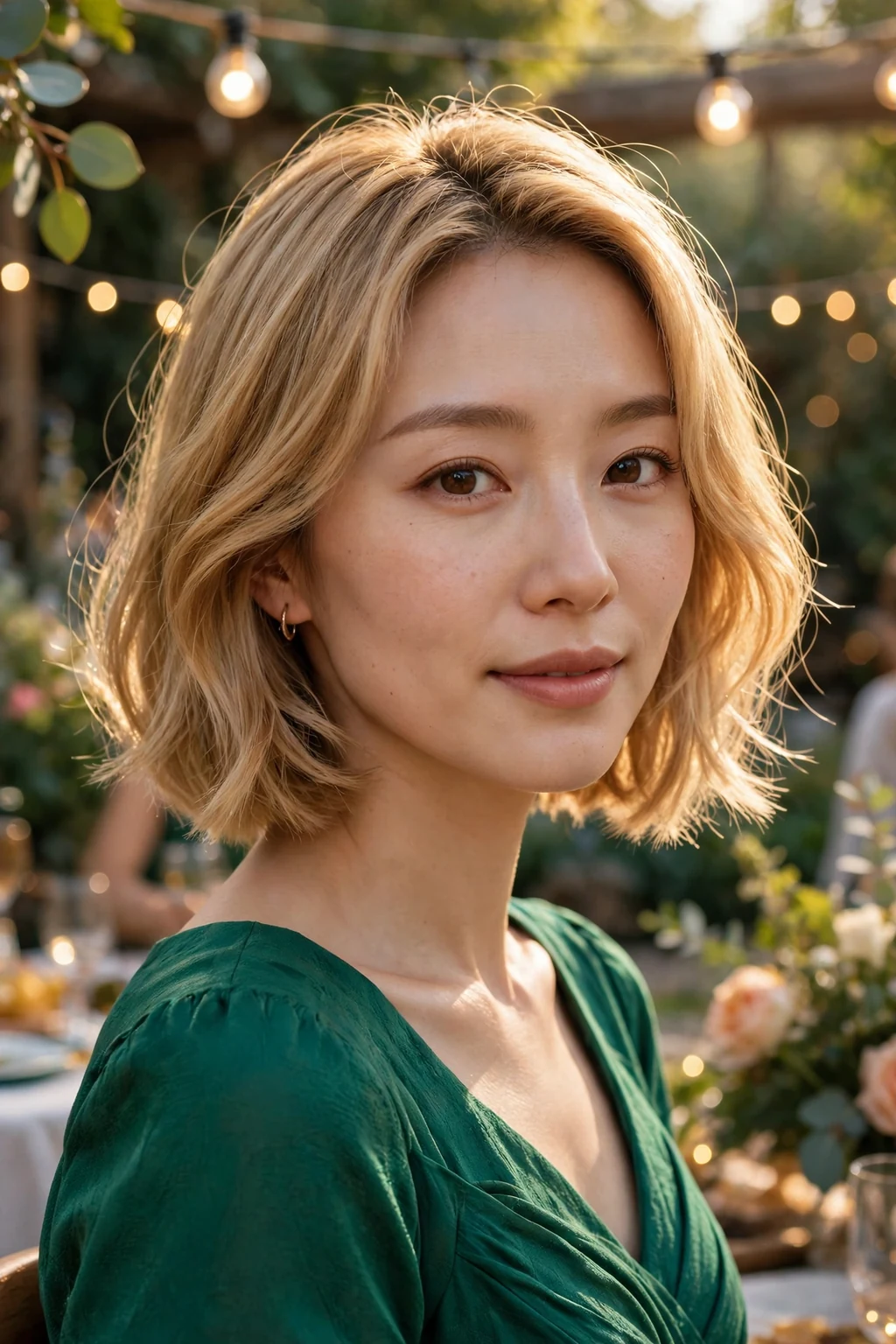 Young woman with sunlit honey blonde bob hair, wearing a emerald green dress at a garden party.