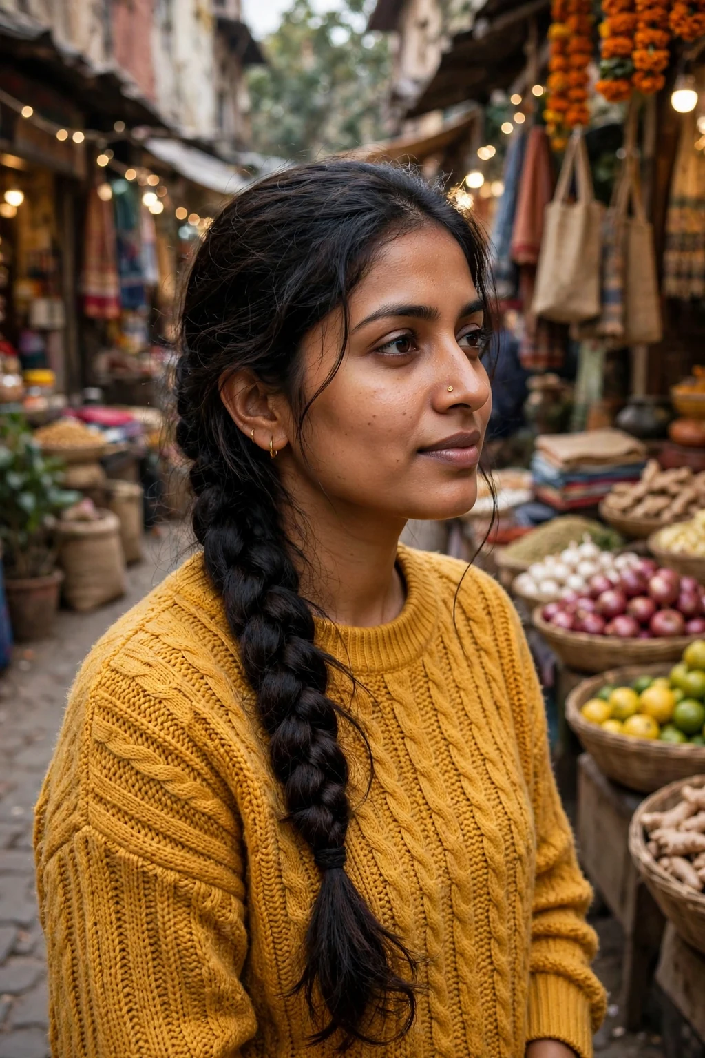 Young woman with a side braid wearing a mustard knit sweater in a cozy market street.