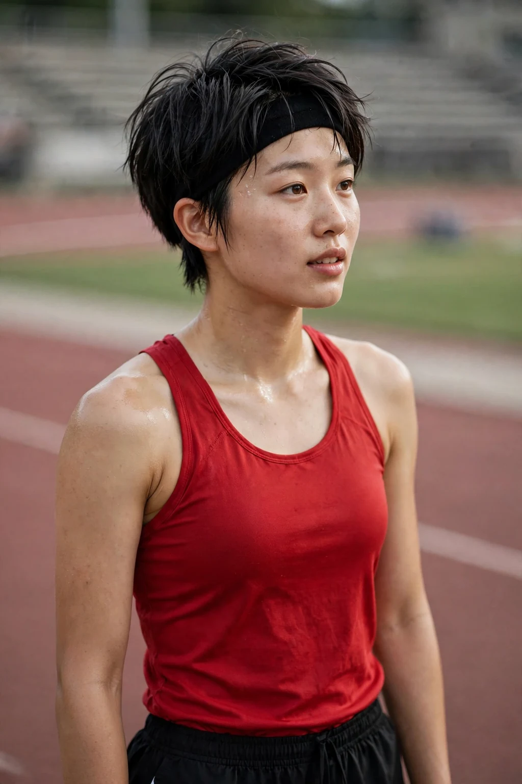 A young woman athlete with a sweat-proof short pixie on a track.