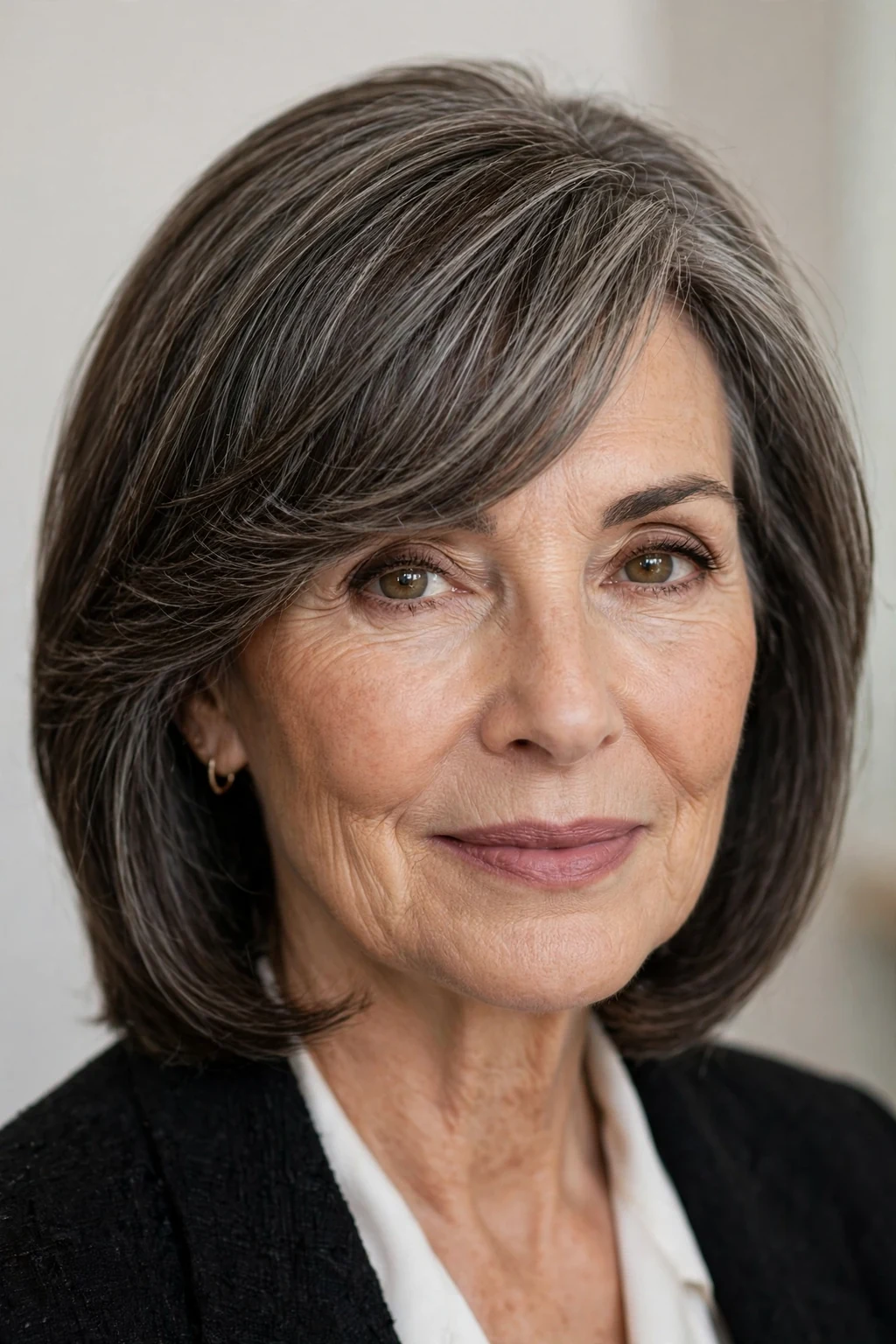 Elegant woman over 50 with sweeping side bangs, graceful diagonal fringe, chic light.