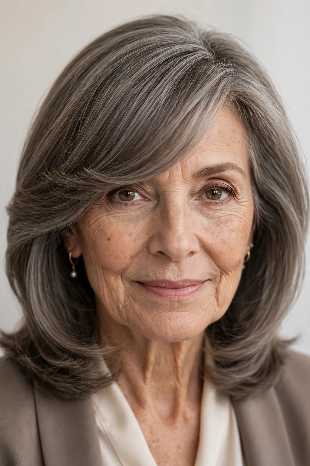 Elegant woman over 60 with sweeping side bangs, graceful diagonal fringe, chic light.