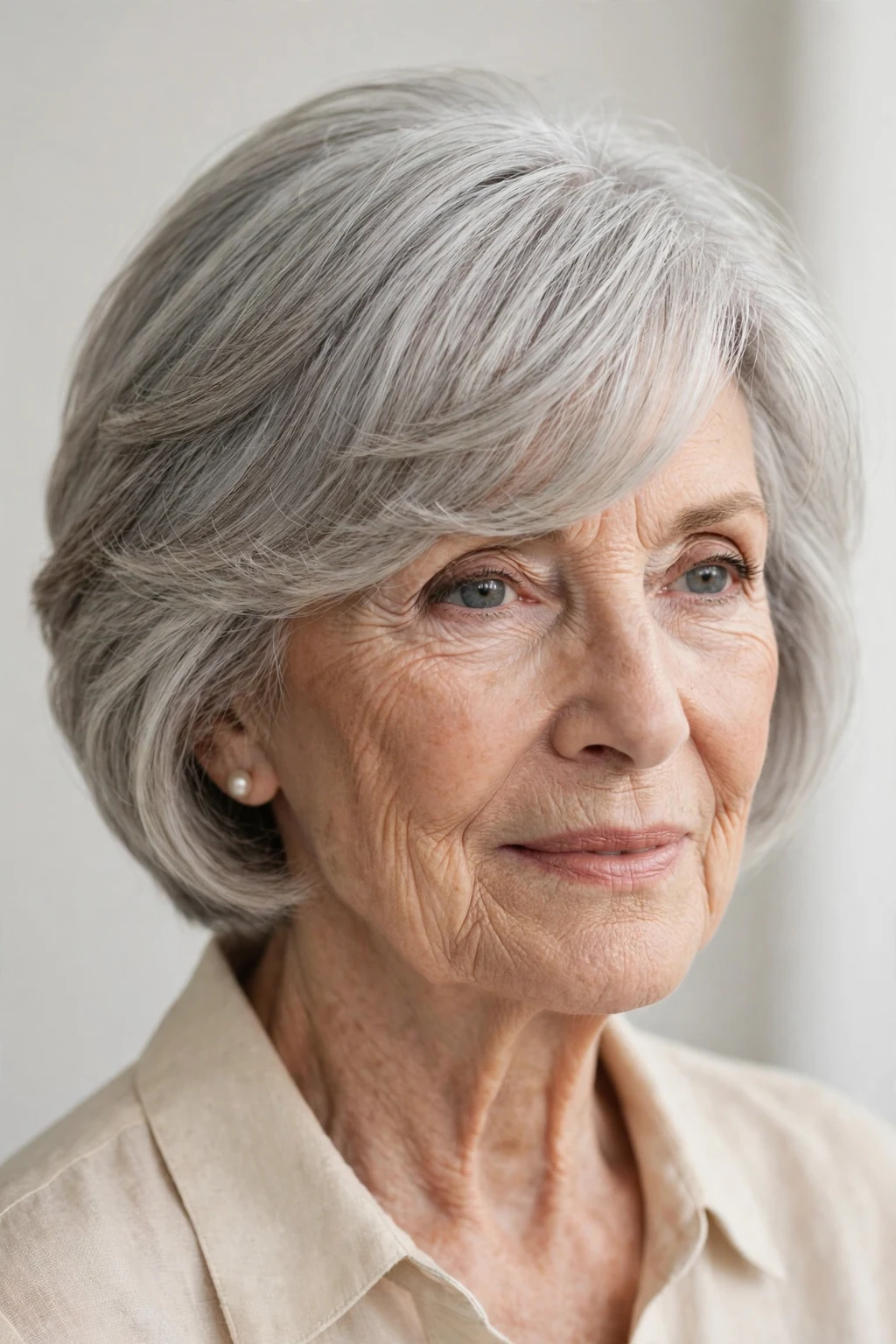 Elegant woman over 70 with sweeping side bangs, graceful diagonal fringe, chic light.