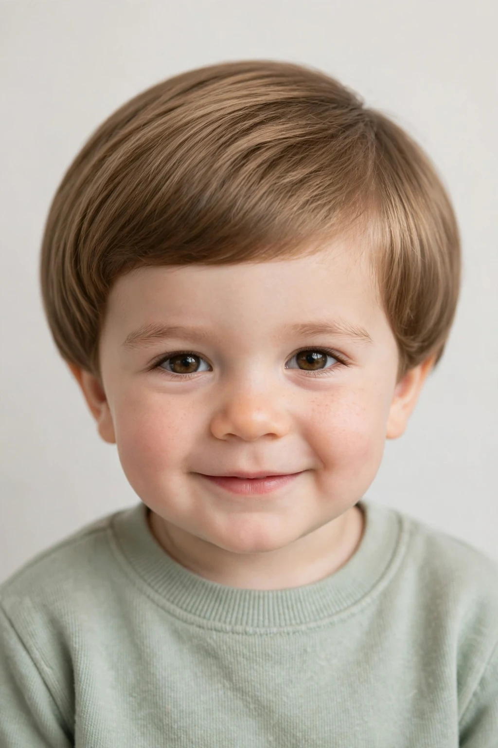 Adorable toddler boy with a sweet rounded mushroom cut, even curved shape, soft gentle lighting.