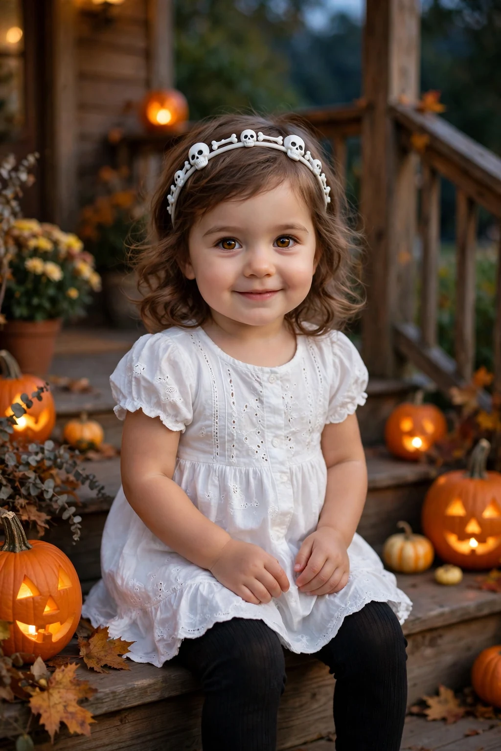 A toddler with soft waves and a skeleton headband wearing a white dress in a pumpkin-lit porch.