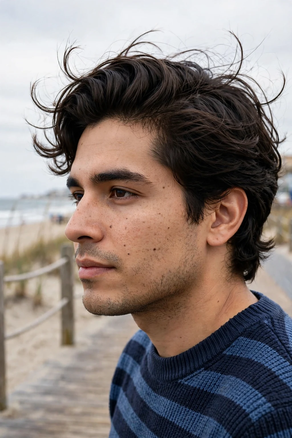 Man with a swept-back flow for thick hair, standing on a beach boardwalk in a striped navy sweater.