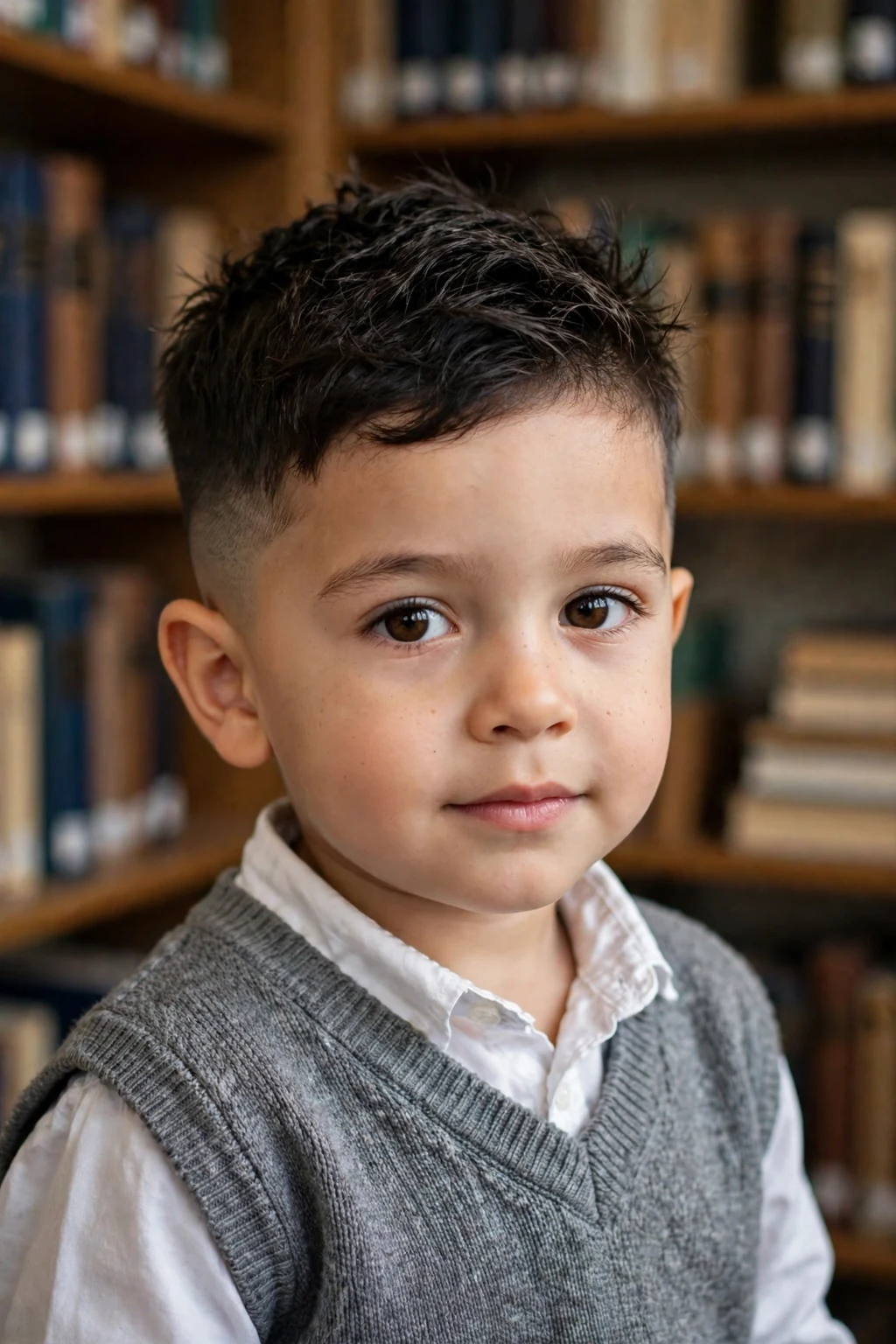 A smart three-year-old toddler boy with a taper fade haircut, wearing a grey sweater vest over a white shirt in a library corner.