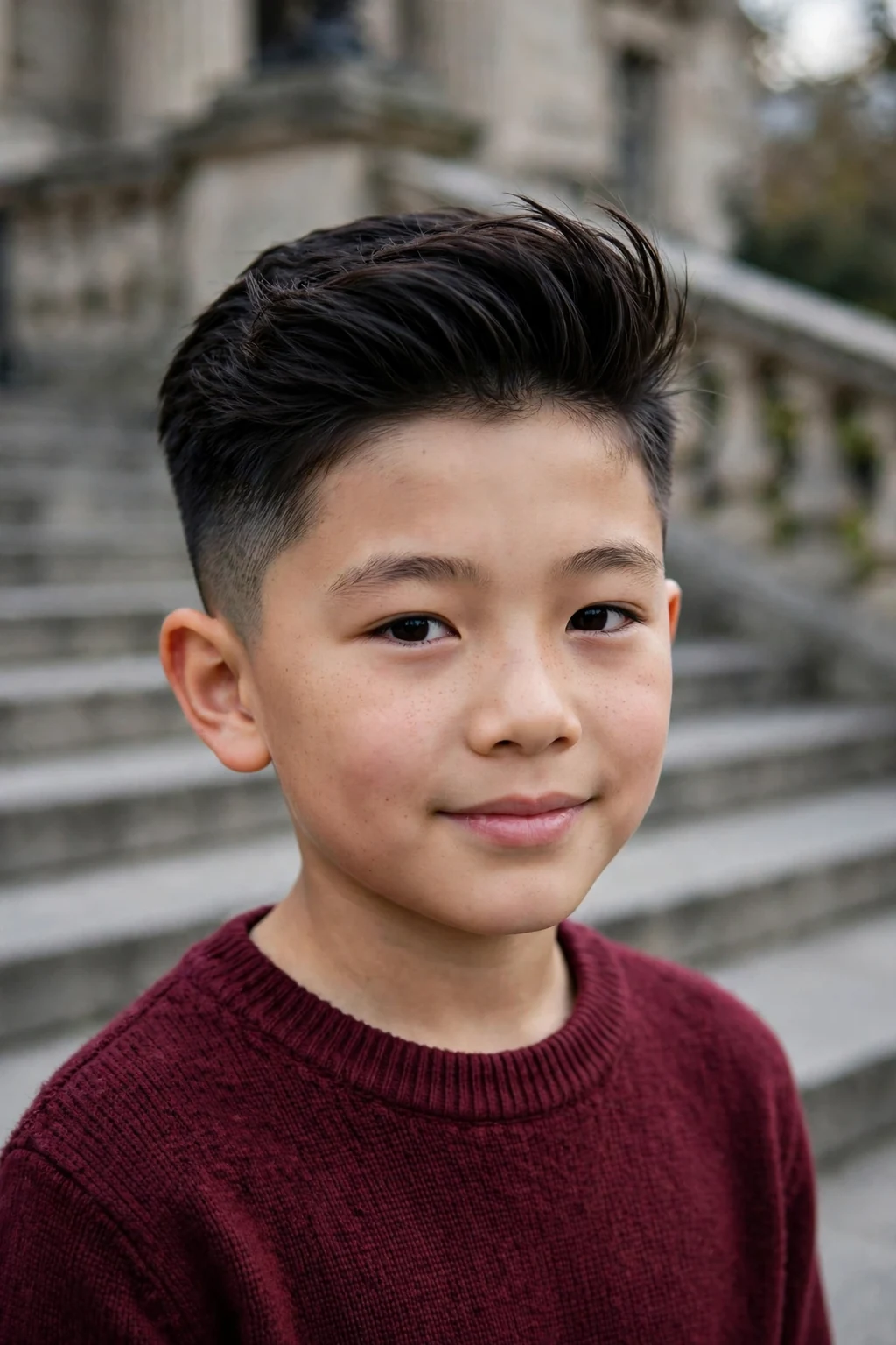 A boy with a taper fade and quiff haircut, voluminous front swept up over tapered sides, on museum steps wearing a burgundy sweater.