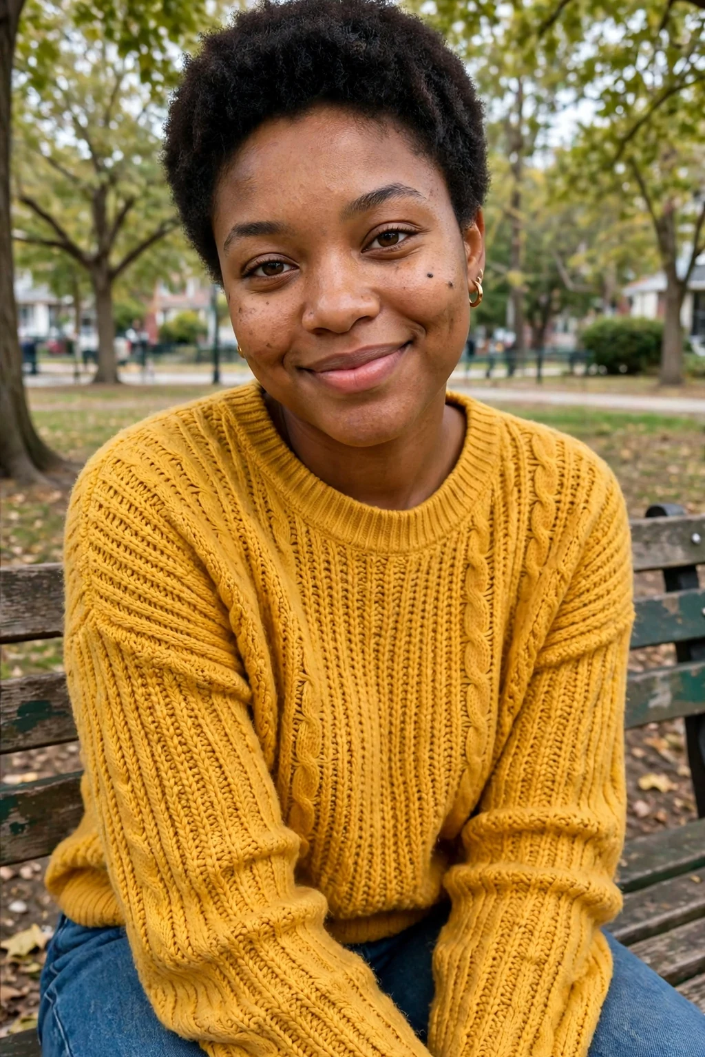 A young woman with a tapered afro pixie haircut, a short rounded afro shape with neatly tapered sides.