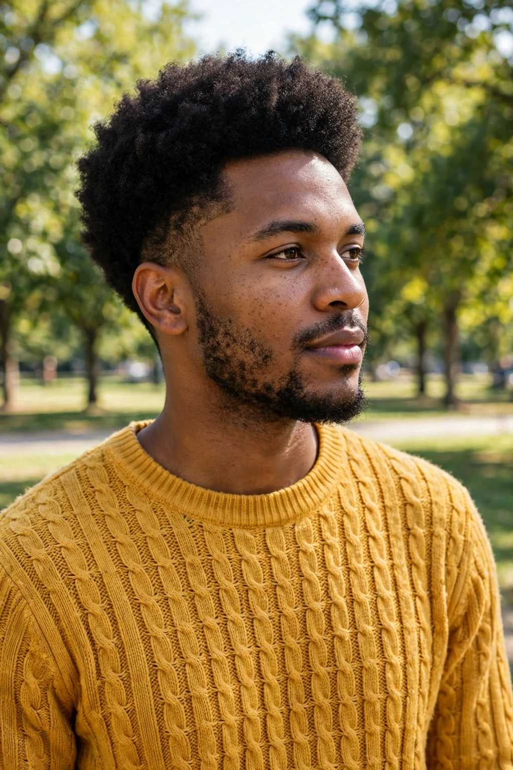 Young man with a tapered afro for thick hair, wearing a mustard yellow sweater in a park.