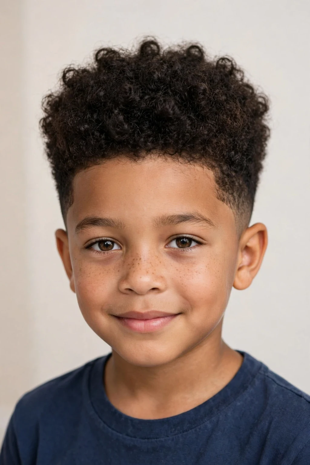 Boy with a tapered curly afro, rounded shaped curls with neat tapered sides, soft studio light.