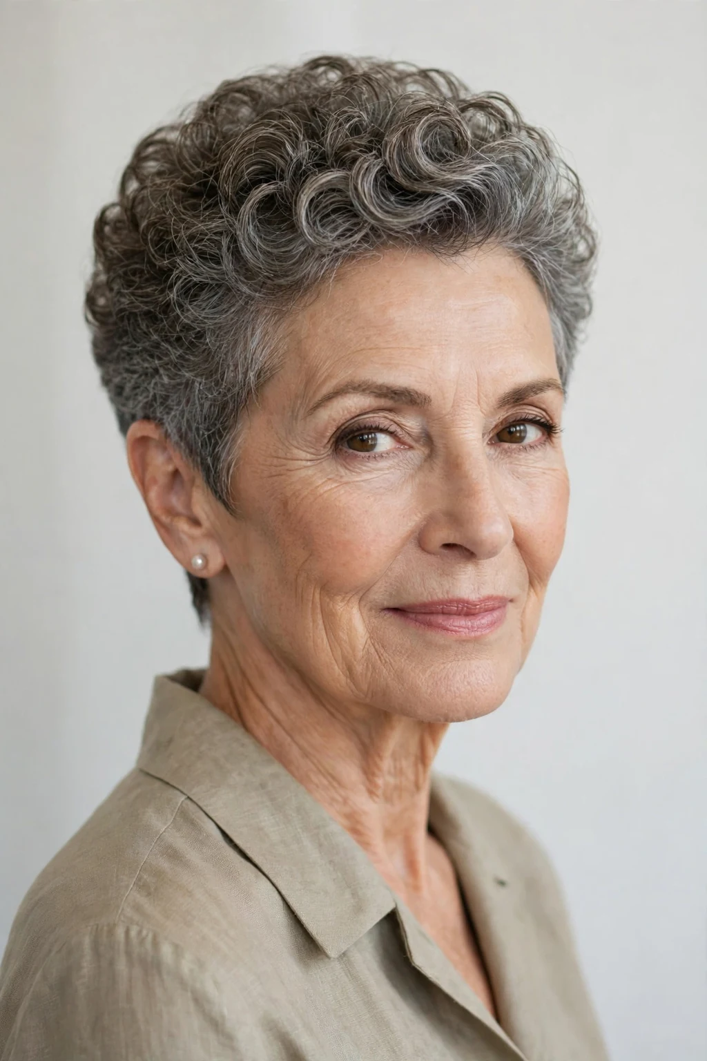 Elegant woman over 60 with tapered curly cut, neat graduated shape, refined light.