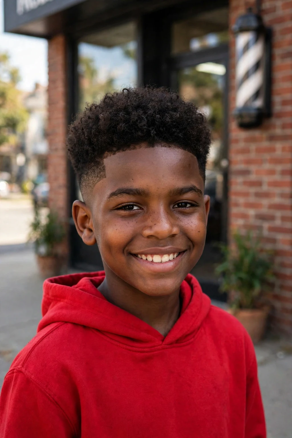 A confident 10-year-old Black boy with a tapered curly cut, short sides and full curls on top, wearing a red hoodie at a barbershop doorway.